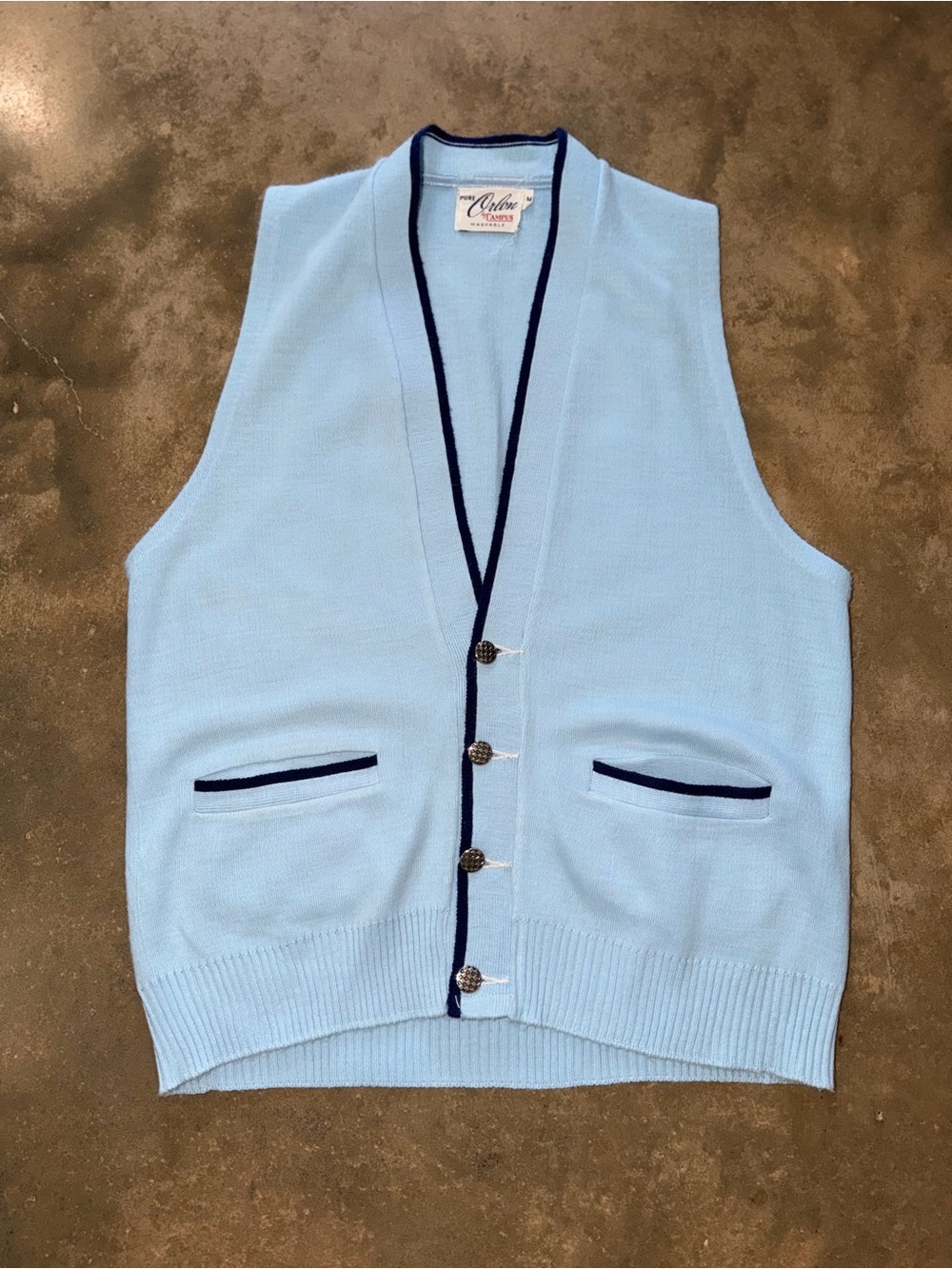 Vintage Campus Pure Orlon Sweater Vest Blue Navy Trim Button Front M Academia